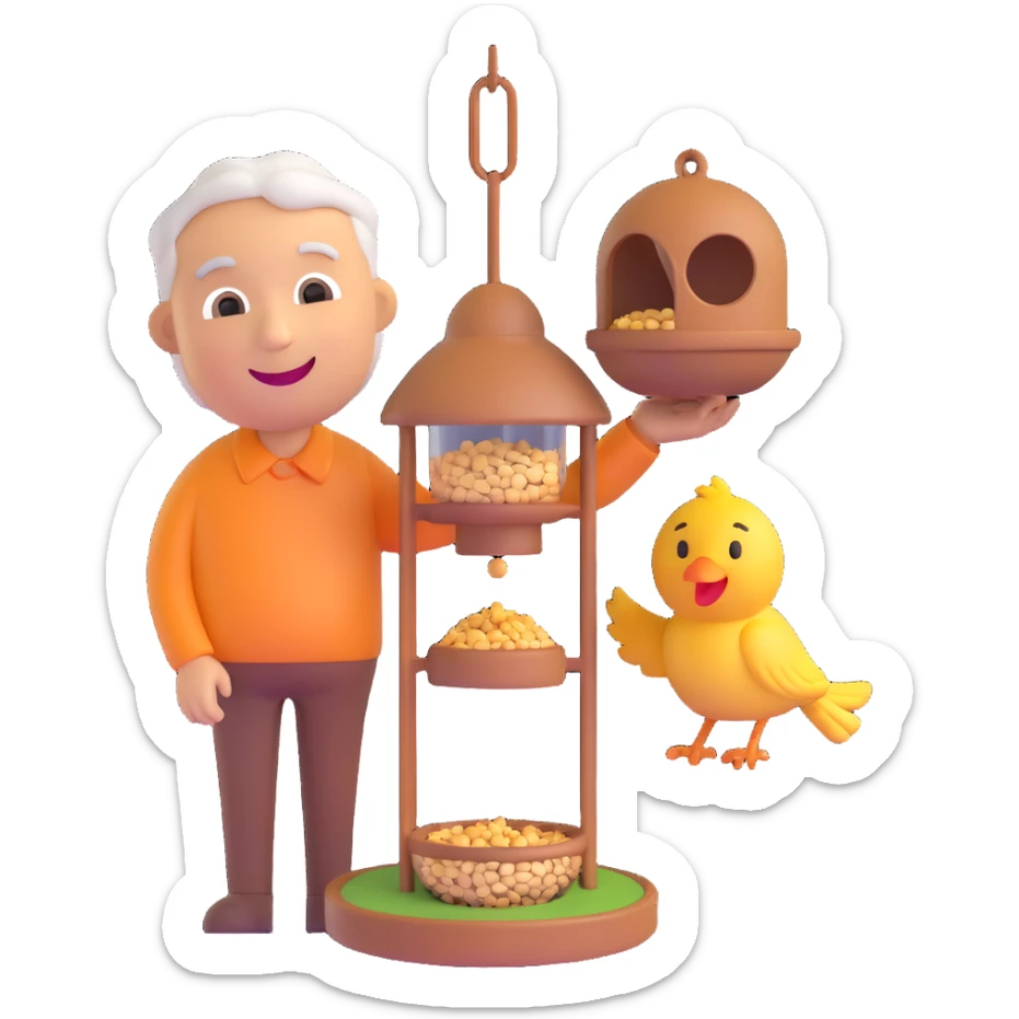 3D smiley emoji, round shape, grandfather with a bird feeder, brown color, smiling face sticker