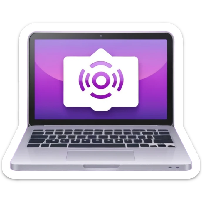 Minimal purple icon: a glowing laptop with a book icon on its screen and a Wi-Fi signal above. Flat style, gradient. sticker