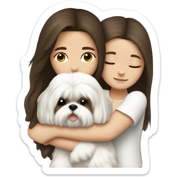 Brunette girl long hair, hugging her white Shih tzu sticker