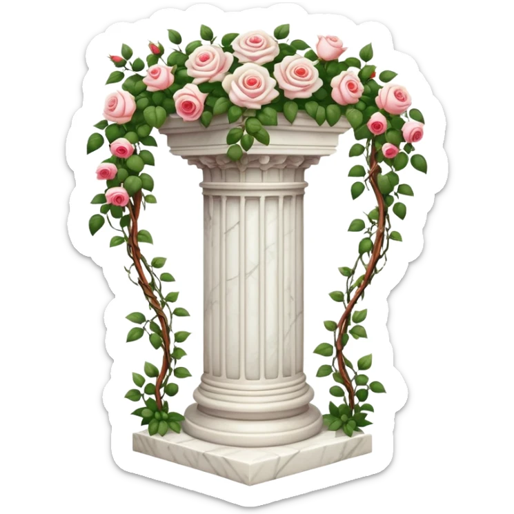 White tall marble pedestal with vines growing and gorgeous roses flowers beautiful romantic scenic garden landscape scenery sticker