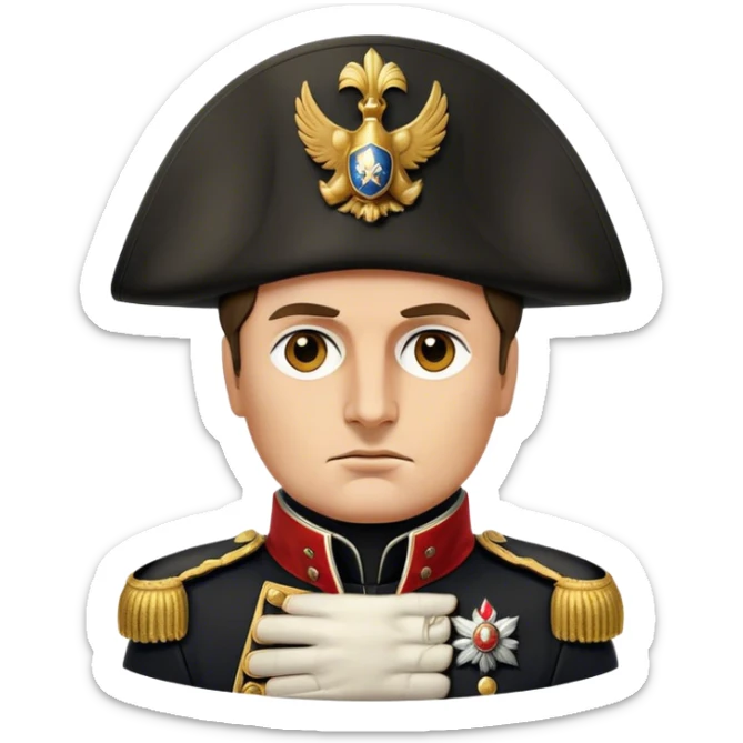 Cinematic Realistic Napoleon Bonaparte Portrait Emoji, depicted as a commanding military leader with a determined gaze and iconic bicorne hat, rendered with dramatic textures and bold historical lighting that captures his imperial legacy. sticker