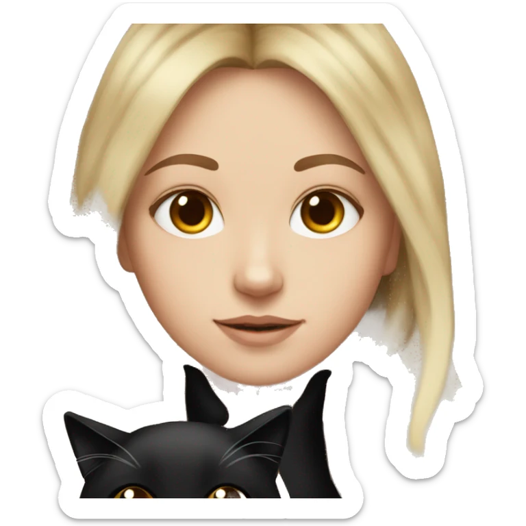 white girl with long brown hair and fluffy black cat sticker