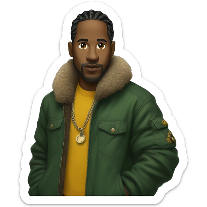 Side profile of a hip hop artist. He has braids. He has an arm extended down and is holding a mic in that hand. He's wearing a very dark green jacket. The jacket has a furry yellow mustard collar.  sticker
