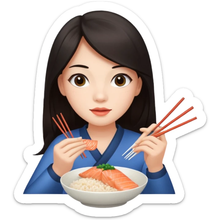 chica joven con piel clara y pelo oscuro largo comiendo un plato de arroz con salmón  sticker
