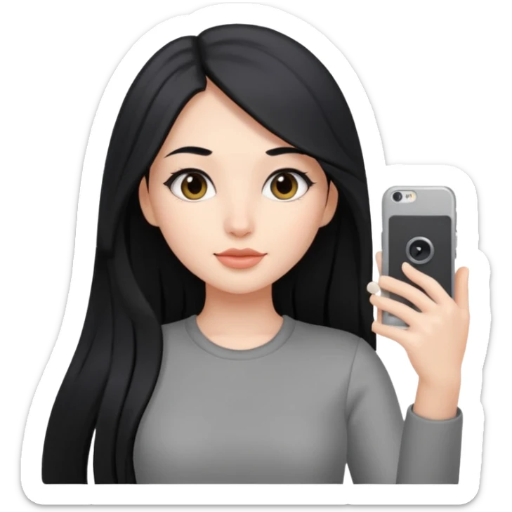 A girl with long black hair and a gray outfit taking a selfie. sticker