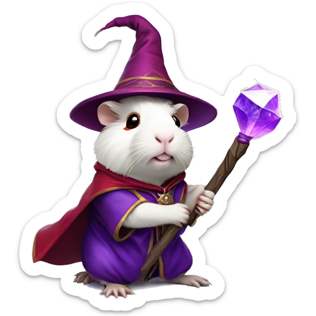 white guinea pig with red eyes wearing purple wizard clothes and holding a magical staff with a magical purpl crystal inside sticker