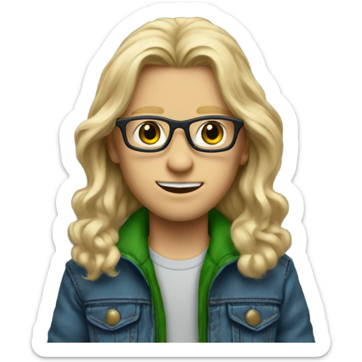 blonde long haired boy with green eyes , glasses , blue jean jacket with fur lining sticker