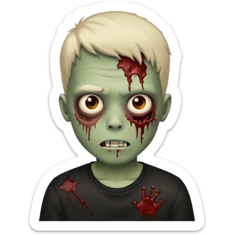 crie um menino zumbi emo sem sangues, com apenas a pele de zumbi e uma camisa preta sticker