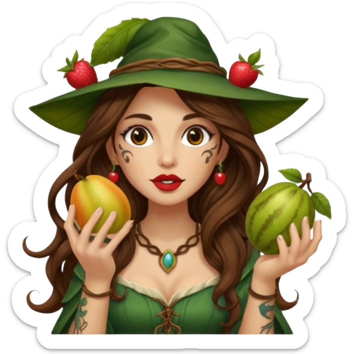 forest mage woman long wavy brown hair tattoos holding fruit near lips sticker