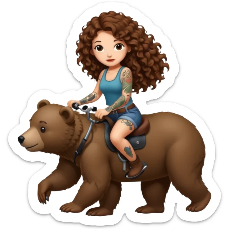 cute woman long curly brown hair tattoos riding bear sticker