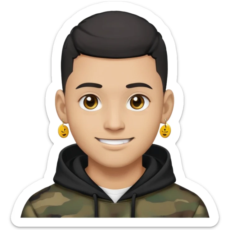 man with black military haircut, brown eyes, wearing 2 circle earrings and a black hoodie with a smiley face sticker