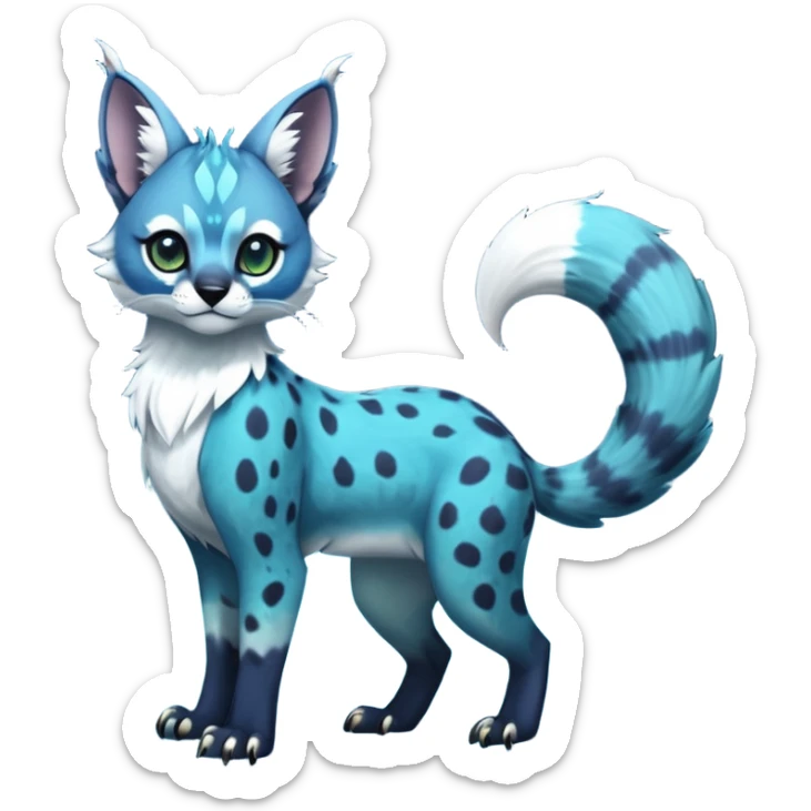 Cute kawaii cool edgy badass  deep ocean-indigo fur with bioluminescent aqua speckles fantasy-caracal-civet-genet-sergal-vernid-Gryphon-Cacomistle-Trico-oncilla-animal-Fakémon-hybrid-fursona (full body), facial markings, (realism style) sticker
