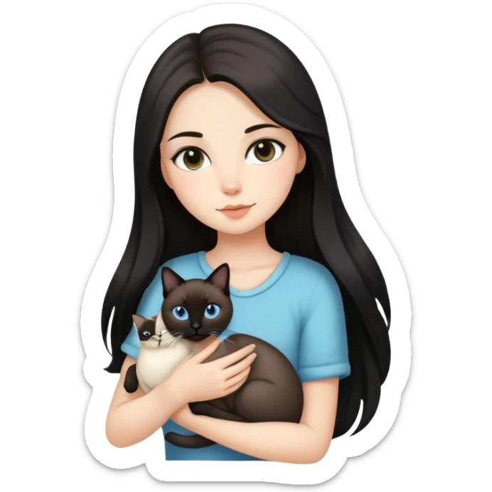 Brunette girl with black long hair with a Siamese cat sticker