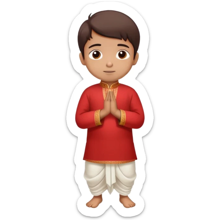 Full body Bengali boy wearing traditional red kurti and white dhoti with hands joined in prayer position sticker