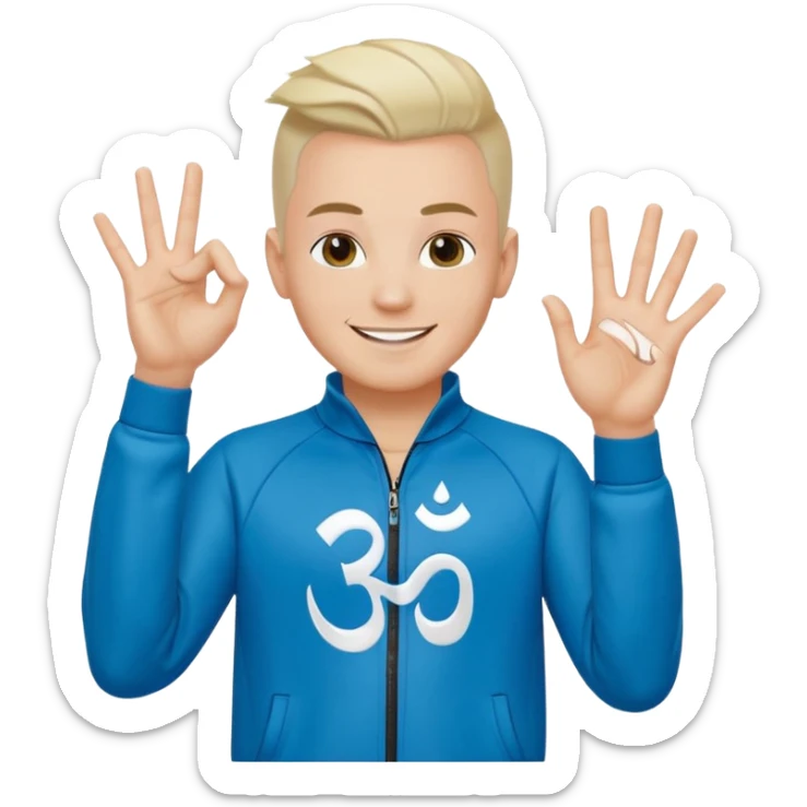 rapeur jul en emoji ios, blanc, rasé sur les cotés, cheveux au centre dressés au gel, signe J avec les mains, survet de l'om sticker