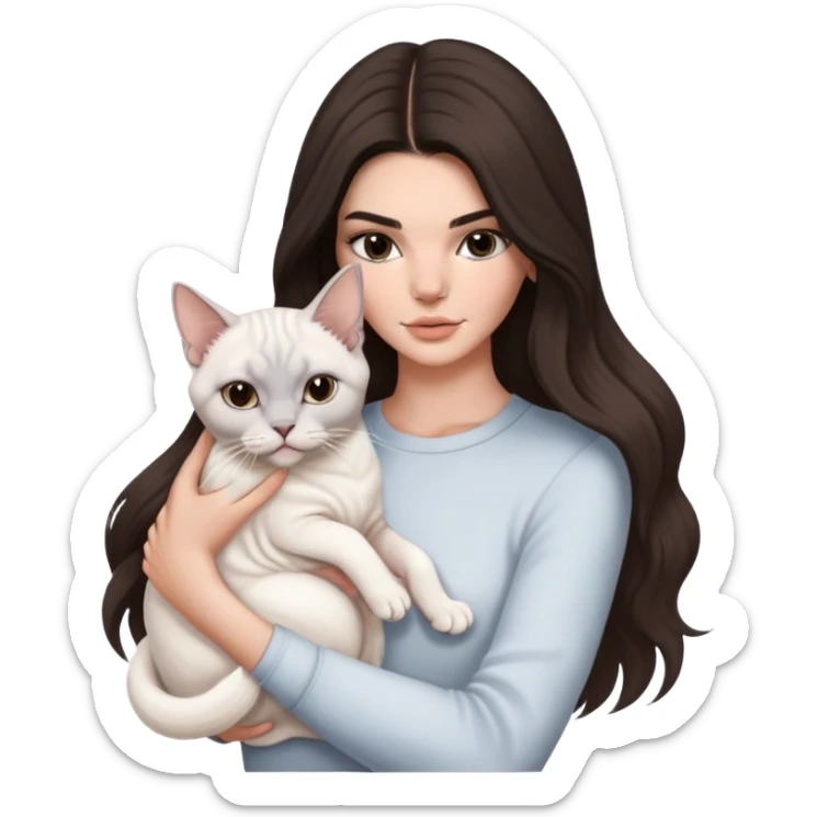 brunette Kendall Jenner with long hair holding on the hands a british white cat and a grey Sphynx sticker