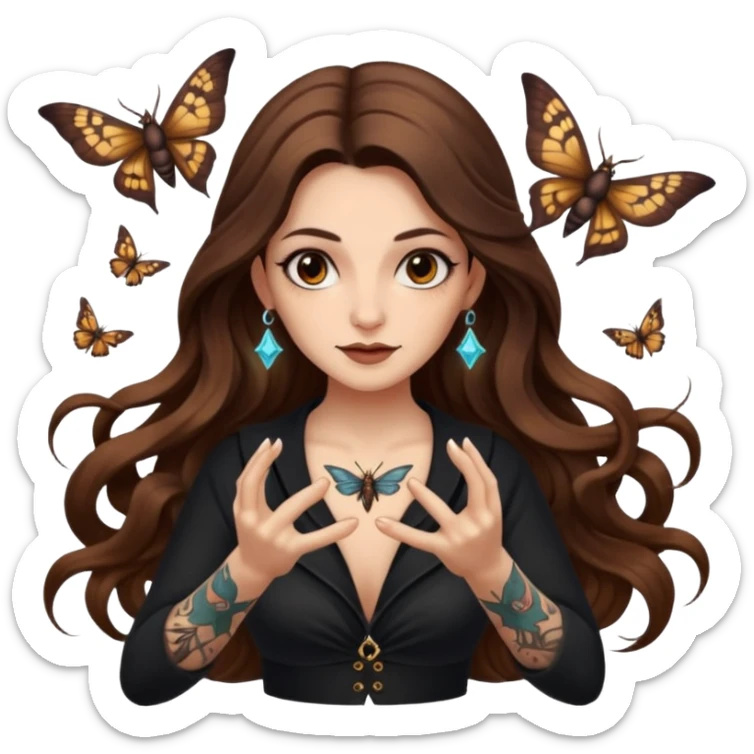 night witch woman long wavy brown hair tattoos spinning moth from fingers sticker