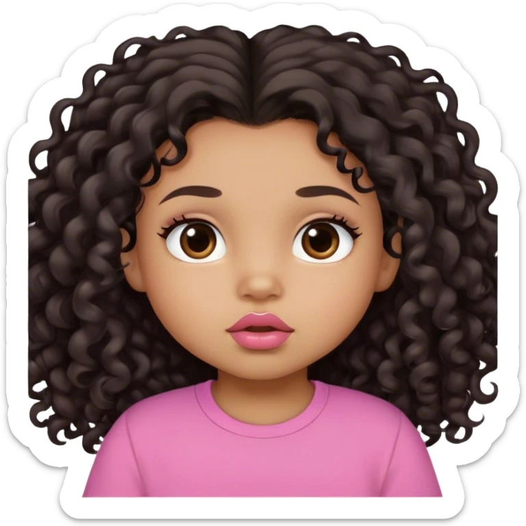 light brown skin tone, very adorable toddler, with big plump lips, long long lashes, black curly long hair, brown eyes, pink shirt sticker