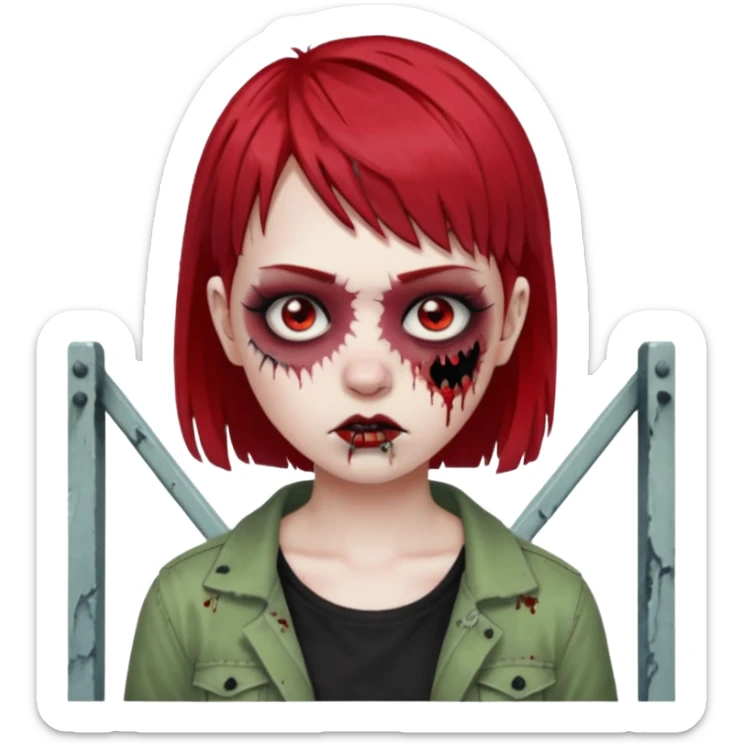 White girl, zombie, micro bangs, short hair, black and red hair, bridge piercing sticker