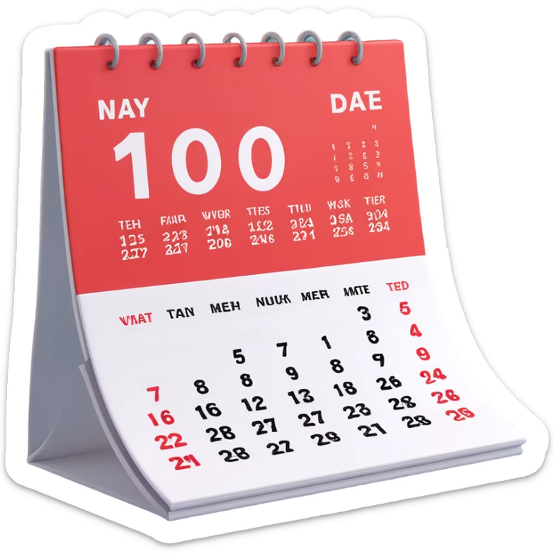 Apple-style 3D emoji icon of a calendar in perspective view, minimalistic design, only one centered date number, no month name, no weekday, no text or symbols other than the single number, realistic glossy material, soft depth, clean and detailed rendering sticker