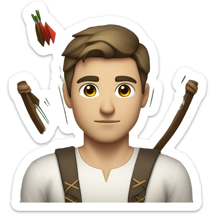 a male archer, facing the direction of the arrow, eyes closed, wearing a white shirt, very short brown hair, bright skin, only show upper part of the body from waist up sticker