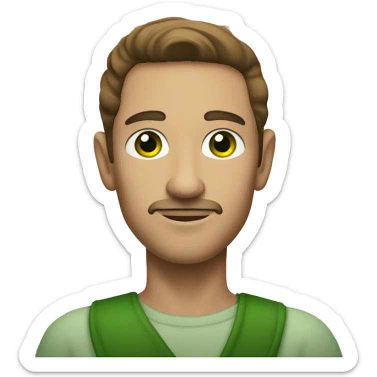 A light-skinned man with green eyes, styled brown hair with a long white paper scroll sticker