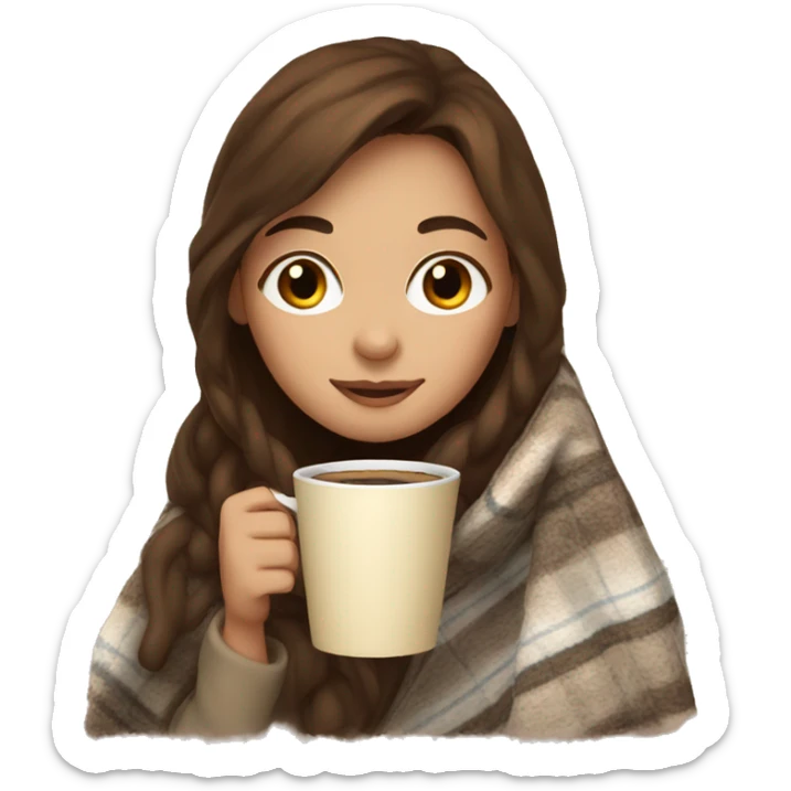 Brown hair Girl drinking coffee, with a cozy blanket sticker