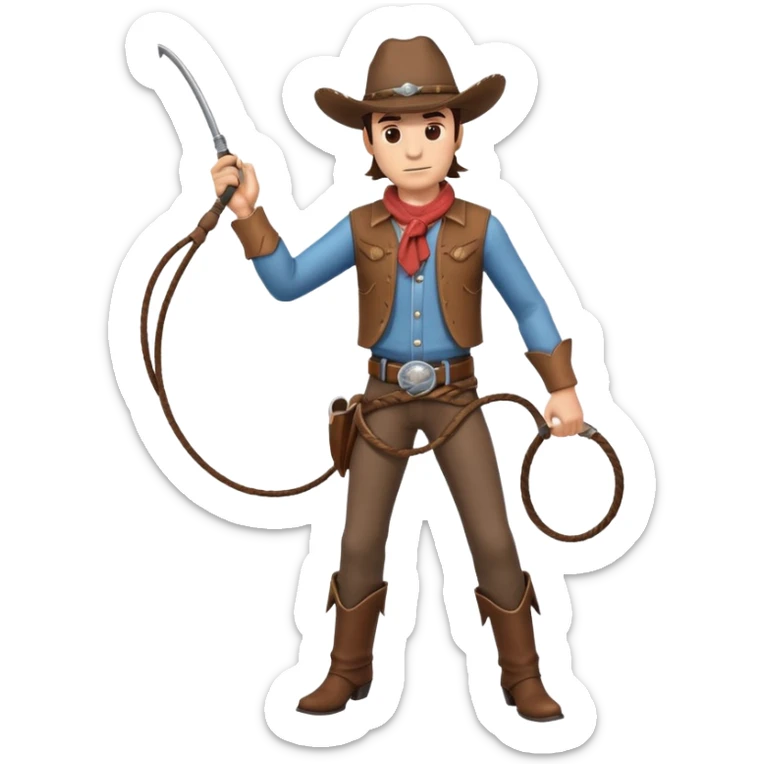 cowboy man holding a whip, dynamic pose, western outfit, adventure vibe, 3D cartoon, mobile game icon style, clean background, no text, no watermark
 sticker