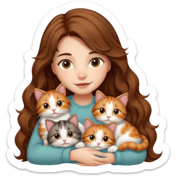 girl with long wavy brown hair cuddling with 6 cute cats sticker