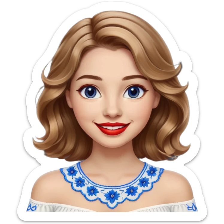 Cheerful woman with clear skin, round face, wide friendly smile, big light brown eyes, vibrant red lipstick, shoulder-length wavy dark blonde hair with light highlights, white top with blue embroidery and electric blue neckline sticker
