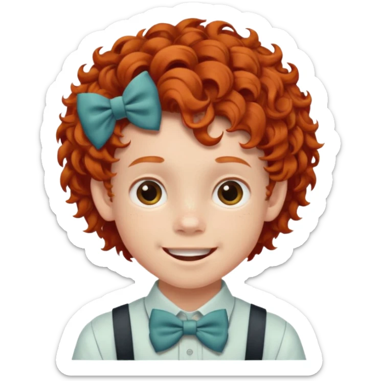 redhead kid with unique face features and very curly hair kid boy happy and braces on teeth, wearing a bow on head on hair just one bow sticker