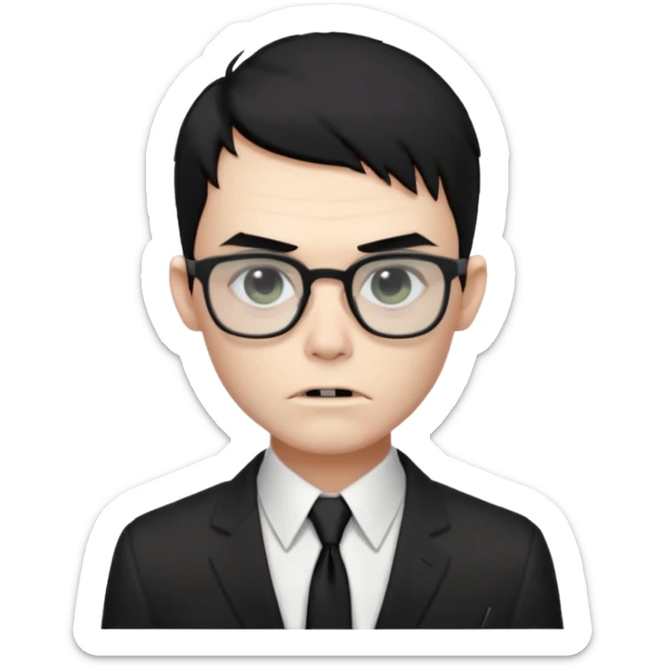 zombie boy black hair e cabelo curto quase careca com camisa social branca e gravata preta, com oculos de grau quadrado sticker