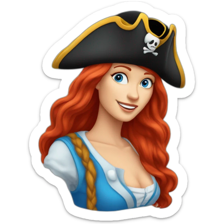 Woman long red hair down one side in a single platt. pirate hat. One side of head has no hair. Blue eyes. skull and crossbones t shirt sticker