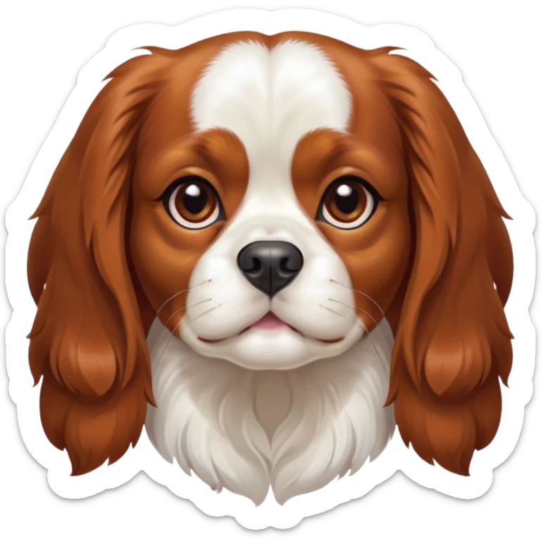 Cinematic Cute Blenheim Cavalier King Charles Spaniel Portrait Emoji, Head tilted playfully and inquisitively, silky Blenheim coat with warm chestnut and crisp white patches, round, sparkling brown eyes filled with curiosity, Simplified yet irresistibly adorable features, highly detailed, glowing with a warm, friendly glow, high shine, affectionate and lively, stylized with a touch of whimsy, bright and endearing, soft glowing outline, capturing the essence of a mischievous yet loving pup, so playful it feels like it could pounce out of the screen and into your arms! sticker