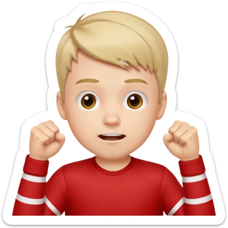 A boy with stripes across his cheeks, raising his fists in excitement. sticker