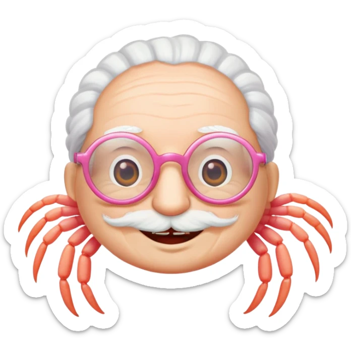 a little shrimp that is old with white hair and glasses, elderly shrimp character with white eyebrows and hair, wearing round glasses sticker