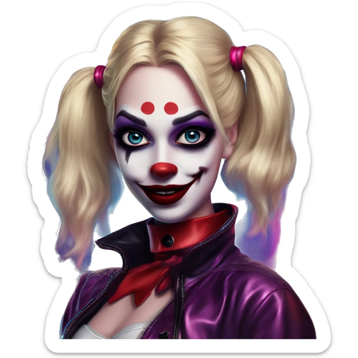 Synthwave Harley Quinn in Uncle Scrooge style, oil paint, mysterious eyes, intricate lips, masterpiece pose, beautiful, desirable, logical sticker