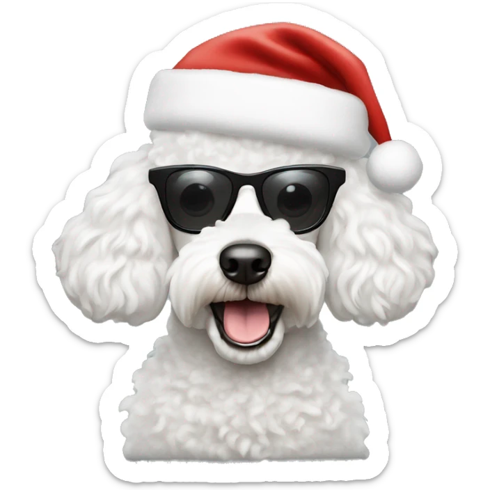 Create the face of white poodle wearing a santa hat and sunglasses sticker