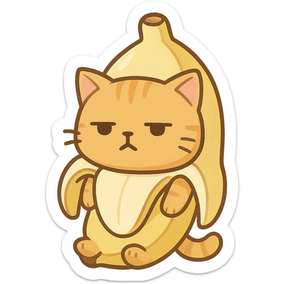 Cat meme, a little yellow cat wearing a banana suit with a dull expression sticker