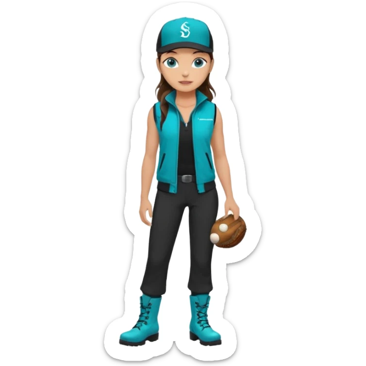 A landscaper in a beautiful turquoise jacket and turquoise boots, black pants, and a black sleeveless shirt. On his head is a black Swissotel baseball cap. The girl is a brunette with blue eyes. sticker