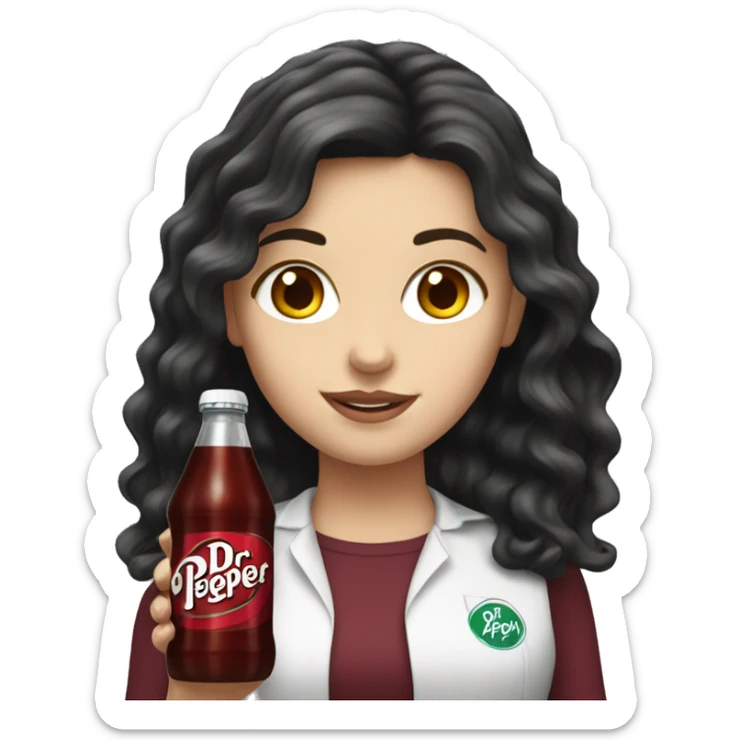 white girl with long black wavy hair holding a dr pepper  sticker