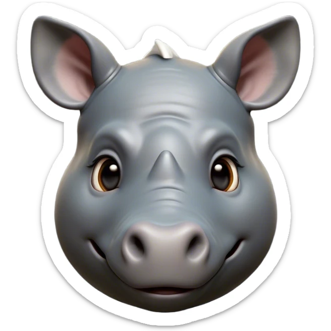 Cinematic Cute Rhinoceros Portrait Emoji, Head tilted playfully and inquisitively, featuring a rugged, glossy slate-gray hide with a gentle, rounded horn and round, sparkling eyes filled with curious wonder, Simplified yet irresistibly adorable features, highly detailed, glowing with a warm, friendly glow, high shine, affectionate and mighty, stylized with a touch of ancient charm, bright and endearing, soft glowing outline, capturing the essence of a mischievous yet loving rhinoceros, so playful it feels like it could stomp out of the screen and into your arms! sticker
