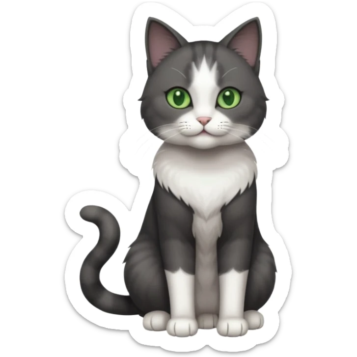 full body view of beautiful female solid dark grey cat with green eyes, white toes/paws and white patch on her chest sticker