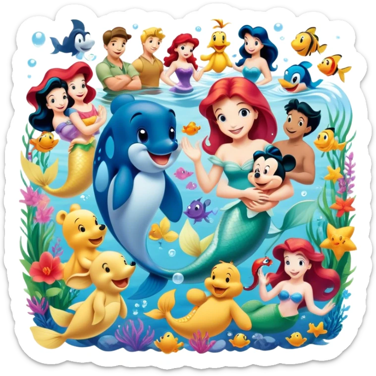 Icon for Animated Characters: A colorful, large-scale collage of beloved cartoon characters, including Franco, Mickey Mouse, Winnie-the-Pooh, Ariel the Little Mermaid, Jasmine and others. Bright and vibrant, full of whimsical charm. Transparent background. sticker