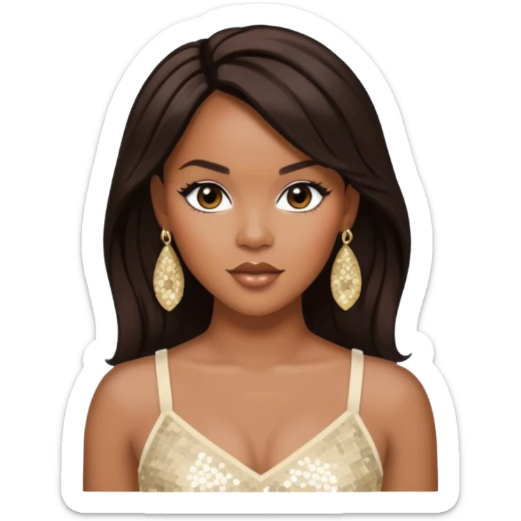 LeToya Luckett with long dark brown hair, ivory sequin crop top, ivory earring sticker
