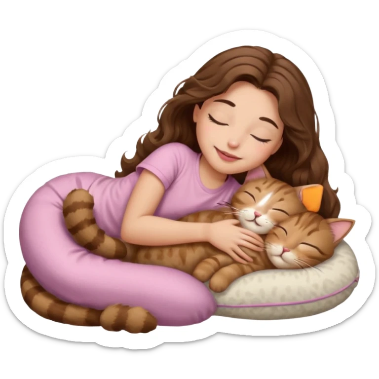 girl with wavy long brown hair, brown eyes, light to medium complexion, long lashes, light pink lipstick, smiling, wearing light pink shirt, sleeping on a cozy pillow, with brown tabby cat, sleeping sticker