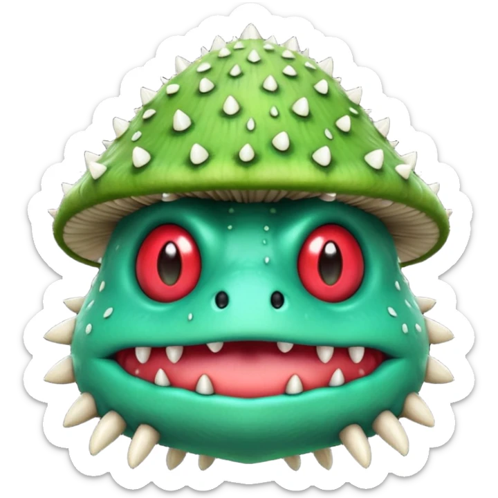 poisonous mushroom monster portrait, head and shoulders only, animal-like creature, mushroom cap head with spikes, toxic green glow, beast-like eyes, furry neck details, monstrous but cute fantasy vibe, 3D cartoon, mobile game icon style, clean background, no text, no watermark

 sticker