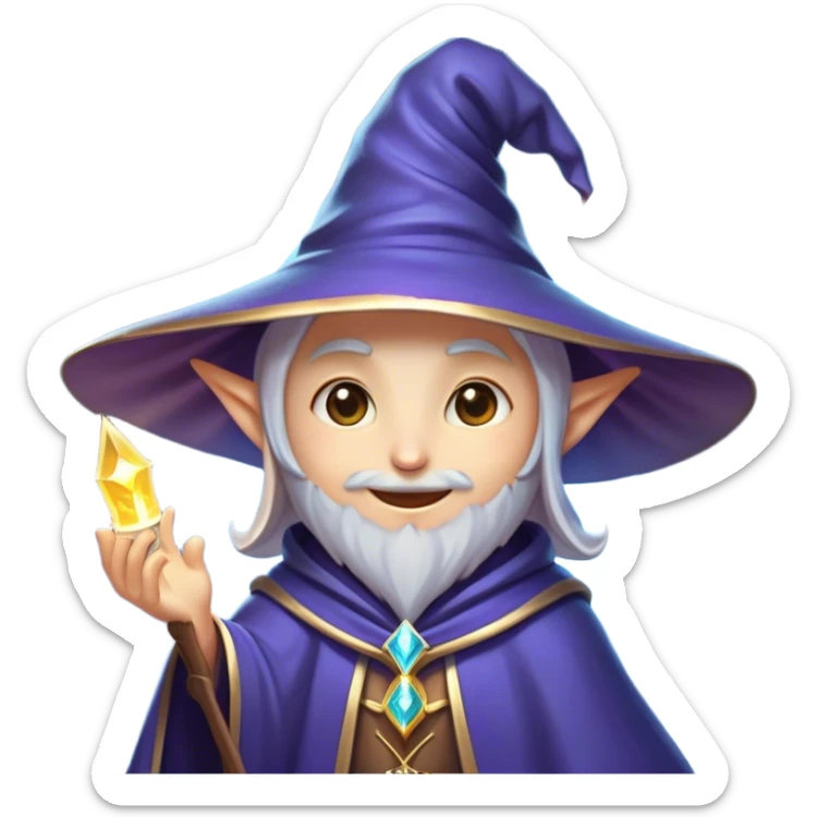 Clash of Clans aesthetic Playful Mage Portrait Emoji, Head tilted with a mischievous glimmer and subtle enchanting smile, featuring a compact, gracefully robed form with a pointed wizard hat and twinkling eyes in natural skin tone, Simplified yet irresistibly charming features, highly detailed, glowing with a warm, inviting magical glow, high shine, spirited and imaginative, stylized with a touch of whimsical sorcery, soft glowing outline, capturing the essence of a playful mage exuding friendly arcane wonder! sticker