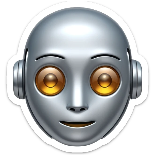 A cute futuristic robot emoji made of silver chrome, rounded friendly body, minimal facial features, glossy metallic surface, soft reflections, iOS emoji style, centered, clean white background sticker