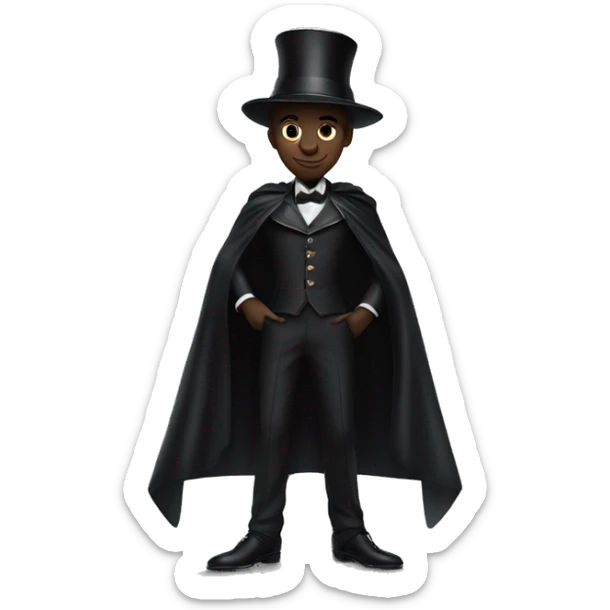 a black photo of black full body magician that has a cape that says ''Dior'', cape, text Dior sticker